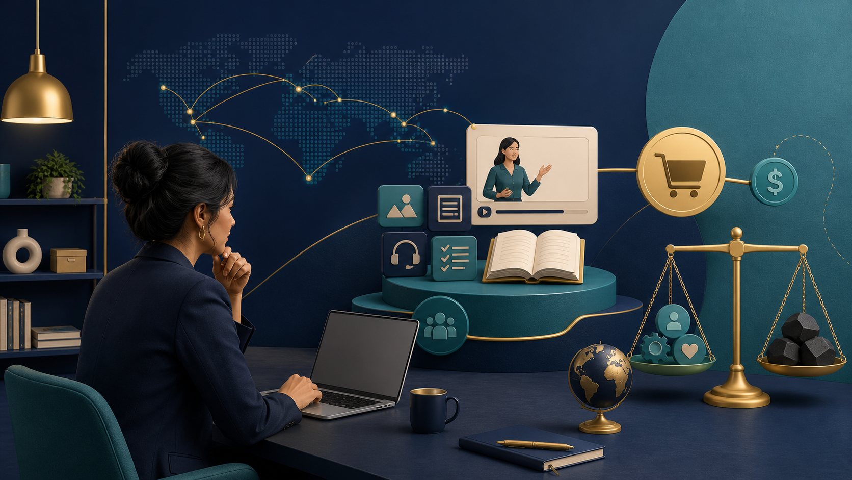 Editorial illustration of online course creation and digital product selling