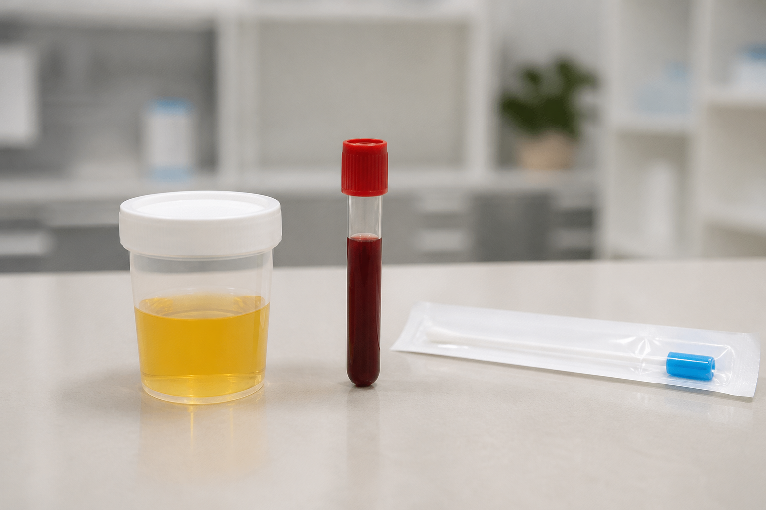 Urine, blood, and swab samples used for STI testing